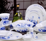 齐胜 景德镇正宗56头二级骨质陶瓷器餐具套装 青花釉中碗盘碟 带面碗